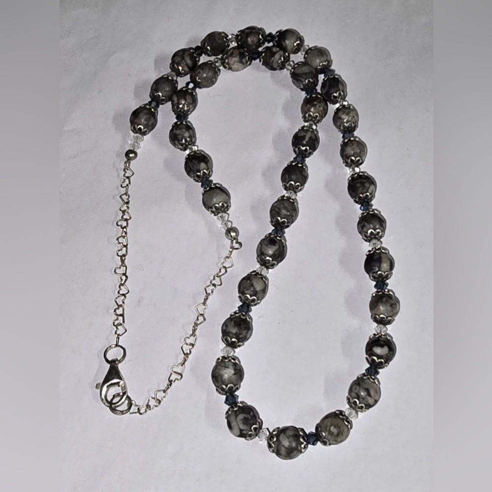 Sterling Silver Beaded Gray Jasper Necklace 20 In Long Heart Link Chain Design